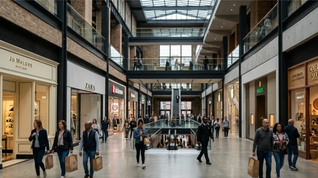 What kinds of shops and brands can visitors expect