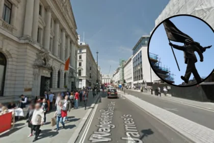 Banksy’s Flag-Blinded Statue Thrills Waterloo Place, London 2026