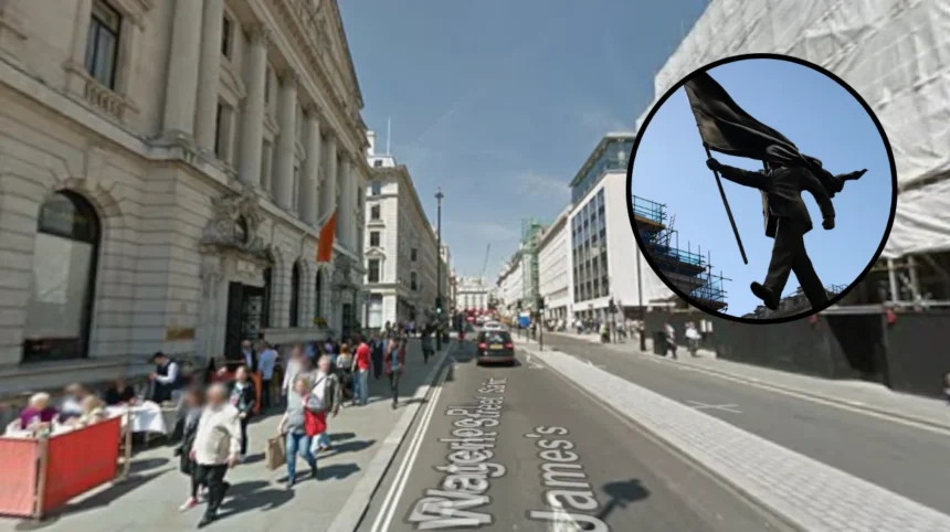 Banksy’s Flag-Blinded Statue Thrills Waterloo Place, London 2026