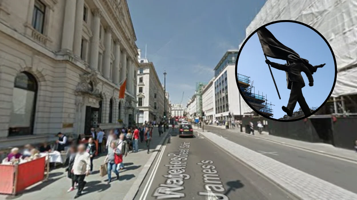 Banksy’s Flag-Blinded Statue Thrills Waterloo Place, London 2026