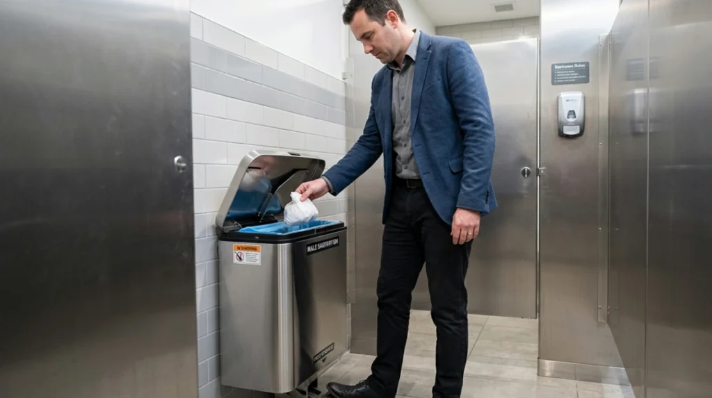 What mechanical features characterize an effective male sanitary bin
