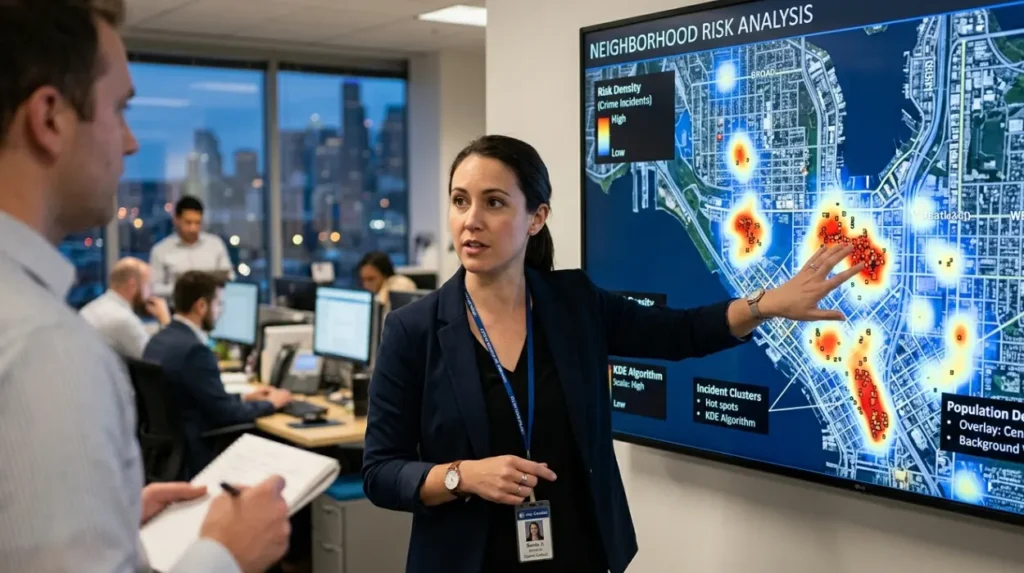 What spatial analytics methodologies are utilized to calculate neighborhood risk parameters